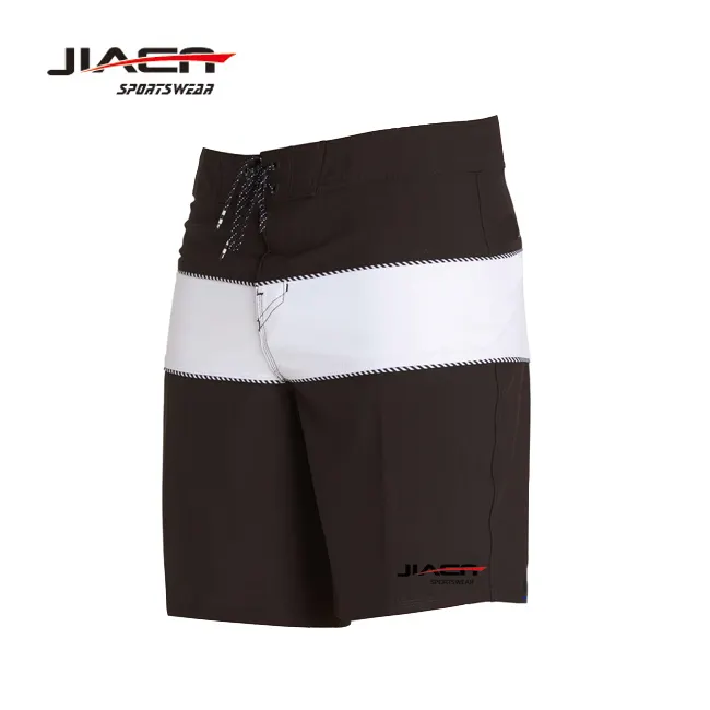 Cheap custom casual blank black boardshorts with white stripe wholesale sea surf anti-UV board shorts with side pockets