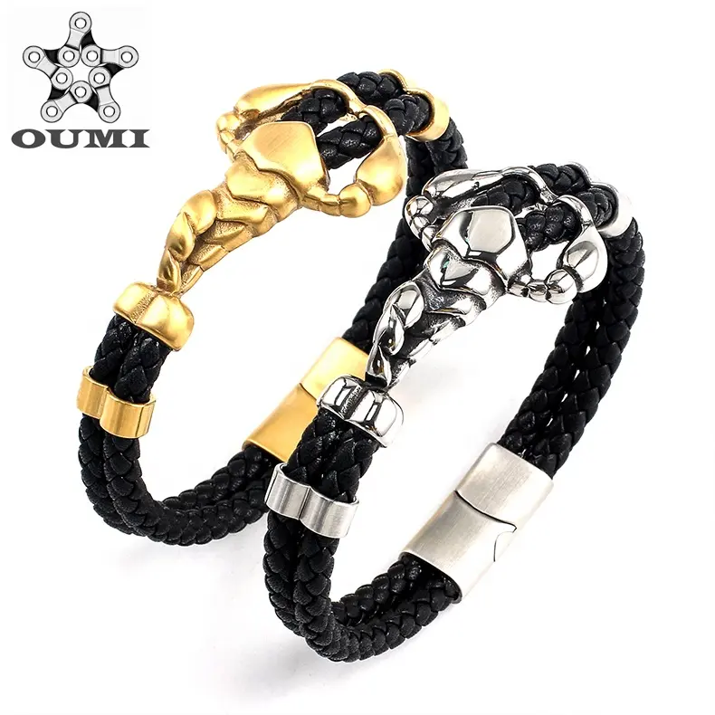 OUMI Wholesale Custom Fashion Stainless Steel Magnetic Scorpion Clasp Handmade Black Genuine Leather Bracelet For Men