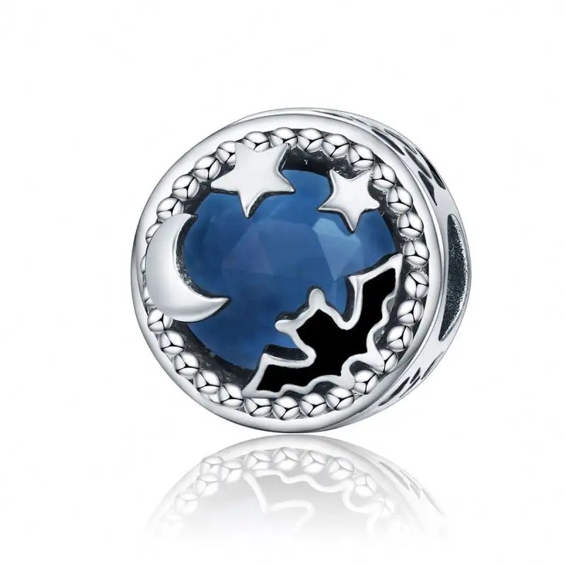 Marfend 925 Sterling Silver Midnight Moonlit Bat & Star Blue Crystal Charms BeadsフィットBracelets & Necklaces Stone Jewelry
