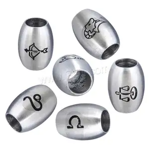 Perles européennes ovales en acier inoxydable, décor en métal personnalisé avec logo du zodiaque, mat, trou de 12x9mm: environ 5mm, 1197416 pièces