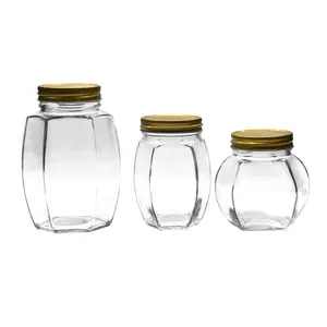 Tarro de vidrio hexagonal plano, con tapa de metal, para salsa de ají, 380ml, 500ml, 730ml