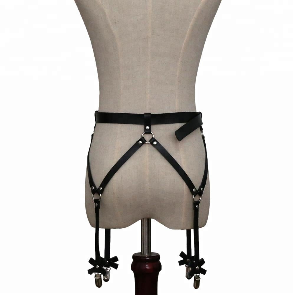 Sexy Women Men Leather Waist Garter Belt for Stockings Bow