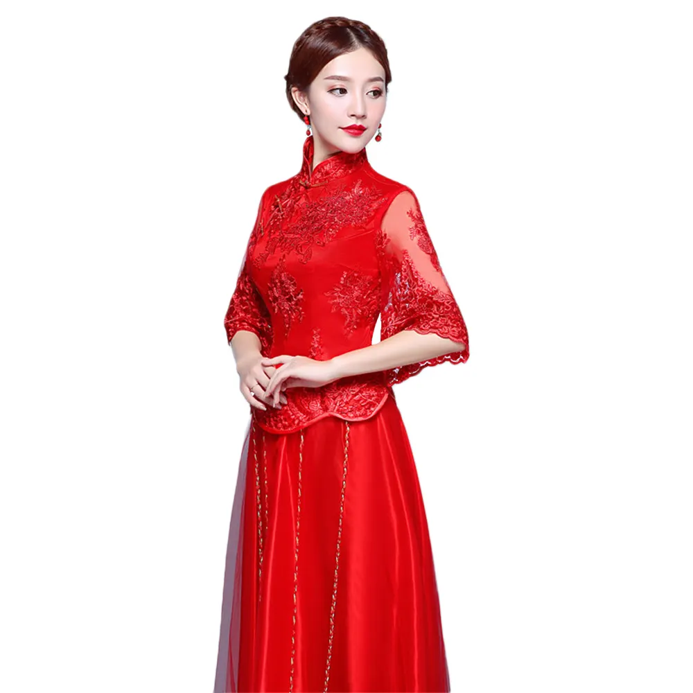 Haofei Hochwertiges rotes chinesisches maßge schneider tes traditionelles besticktes Outfits-Spitzen hochzeits kleid