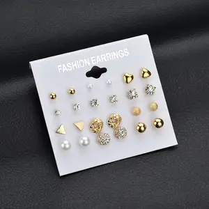 2019 Groothandel Goedkope Eenvoudige Mode-sieraden Vrouwen Vierkante Hart Oorbellen Crystal Parel Stud Oorbellen Set