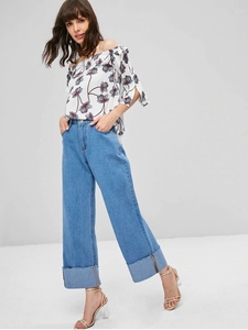 Wide Leg Roll <strong>up</strong> Design Denim <strong>Womens</strong> High Waisted Palazzo <strong>Jeans</strong> - Product Image 2
