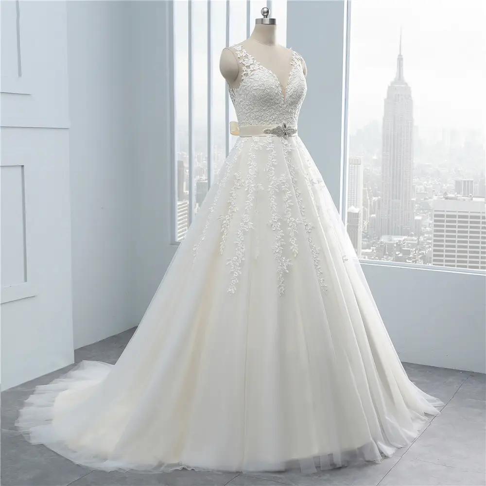 deep V neck princess bride dress suzhou ball gown beaded wedding dresses with crystal