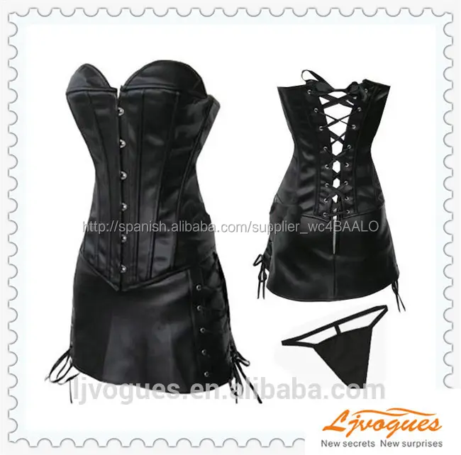 Punky gótico de cuero de imitación lencería Sexy Corset negro Bustier vestido de falda arriba