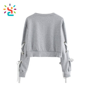 Sudadera Corta de Moda para Mujer, Color Sólido, Manga Larga, con Cordones y Ojales - Product Image 4