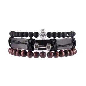 2RHJ0005 Skull Dumbbel Leather And Wood Bead Charm Bracelets Fashion New Arrival Men's Jewelry