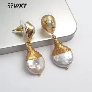 WT-E545 Natural Freshwater Pearl Earring Brass Wire Wrapped Pearl Earring Teardrop Shape Earring For Wedding Jewelry