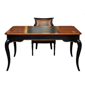 Escritorio de libros de color de tres cajones con tablero de madera de abedul con incrustaciones para estudio y dormitorio u oficina con cuero marrón y negro - Product Image 1