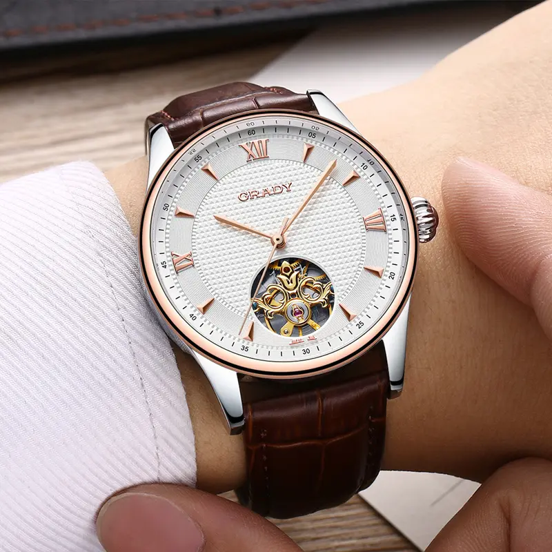 2022 Fashion OEM Skeleton stainless watch case genuine leather strap automatic water resistant 3ATM watches for man