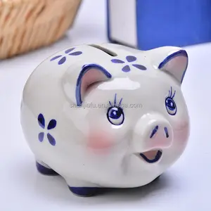 Small blue flowers white Color Ceramic Money Bank Piggy