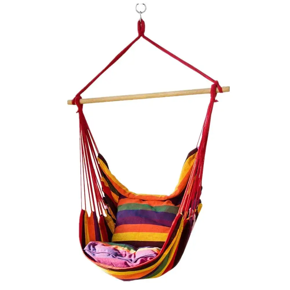 Indoor Outdoor Opknoping Touw Hangmat Stoel Schommel Stoel Met Twee Kussens Regenboog Strepen Hangmat Stoelen Macrame Open Swing