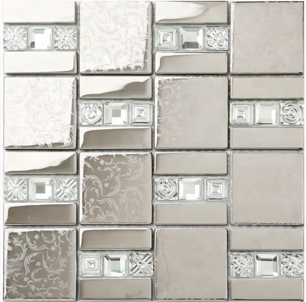 Azulejos de mosaico de acero inoxidable, mezcla de vidrio, 3D, mosaico de Metal