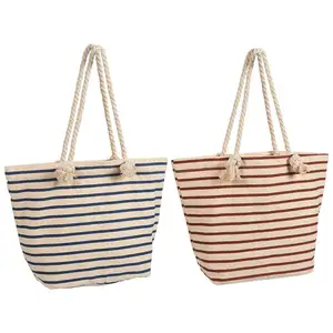 帆布沙滩手提袋-拉链可重复使用的购物袋，蓝色和红色条纹