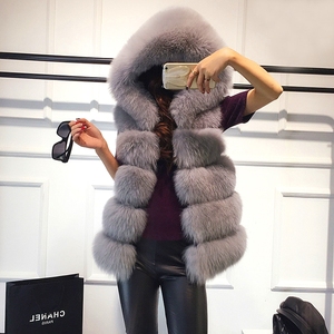 Chaqueta sin mangas de piel cálida para mujer, chaleco de piel de zorro con capucha gris y blanco de moda - Product Image 2