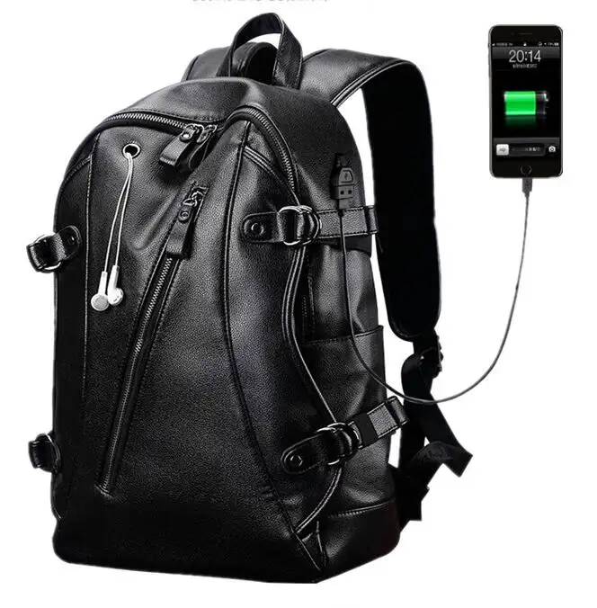 fashion travel big capacity popular PU men women leather backpack with earphone hole