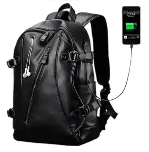 Dropshipping big capacity popular pu man leather backpack fashion travel backpack with earphone hole