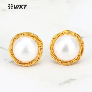 WT-E530 New design elegant and beautiful Natural freshwater pearl Earring wire wrapped natural pearl studs round pearl Earring