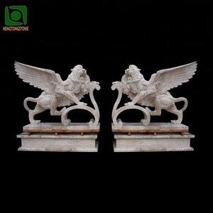 Estátua de leão de mármore de travertine estilo ocidental com asas, pedra, escultura de animais - Product Image 1