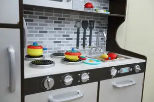 最新デザイン簡単組み立てエスプレッソ木製キッチンおもちゃセット卸売用、ロールプレイおもちゃキッチンセット低コスト