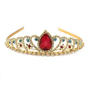 Gold Tiara Red Teardrop and Blue Crystal Decor Headband Rhinestone Crown Use for Princess Costume Girls Birthday Gift