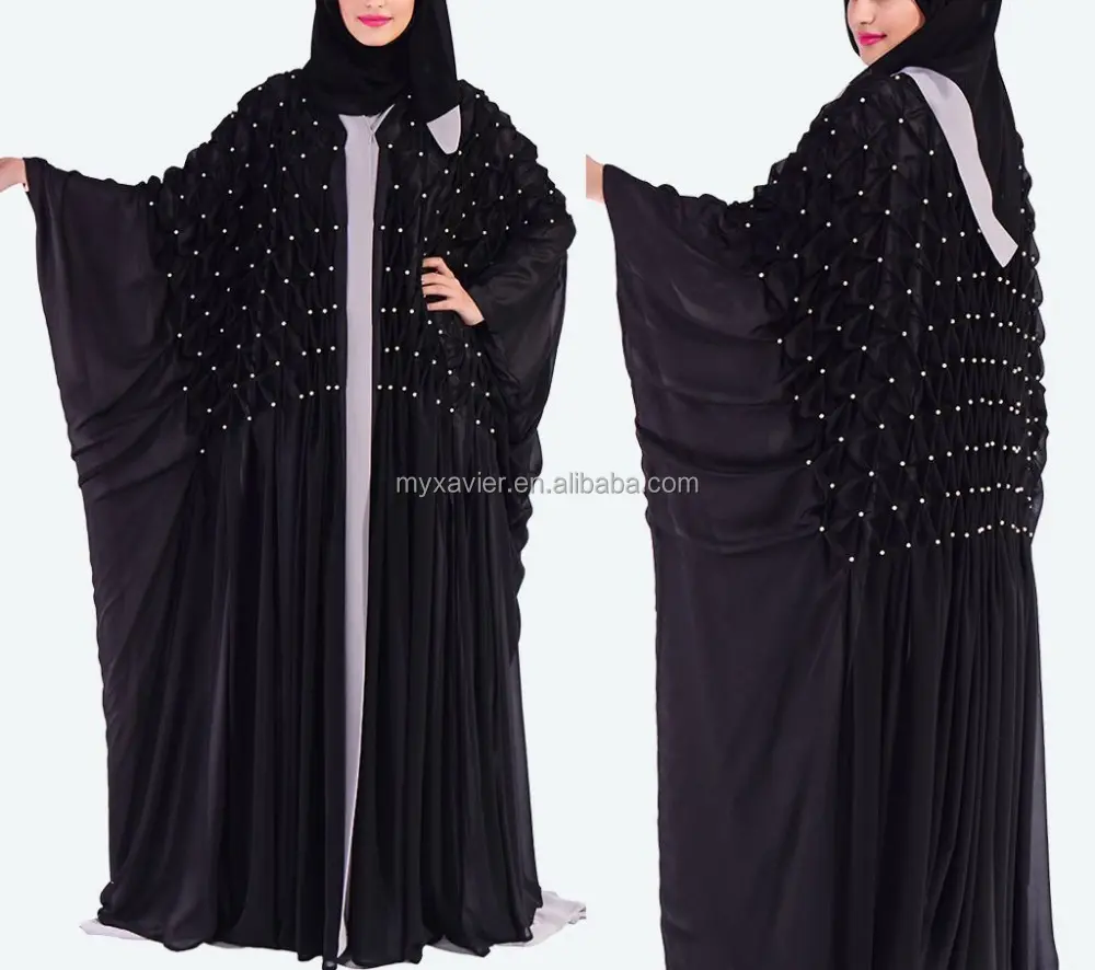 Anteriore aperto farfalla cut abaya nero maxi mussola abaya vestito perle sul corpo dubai abaya