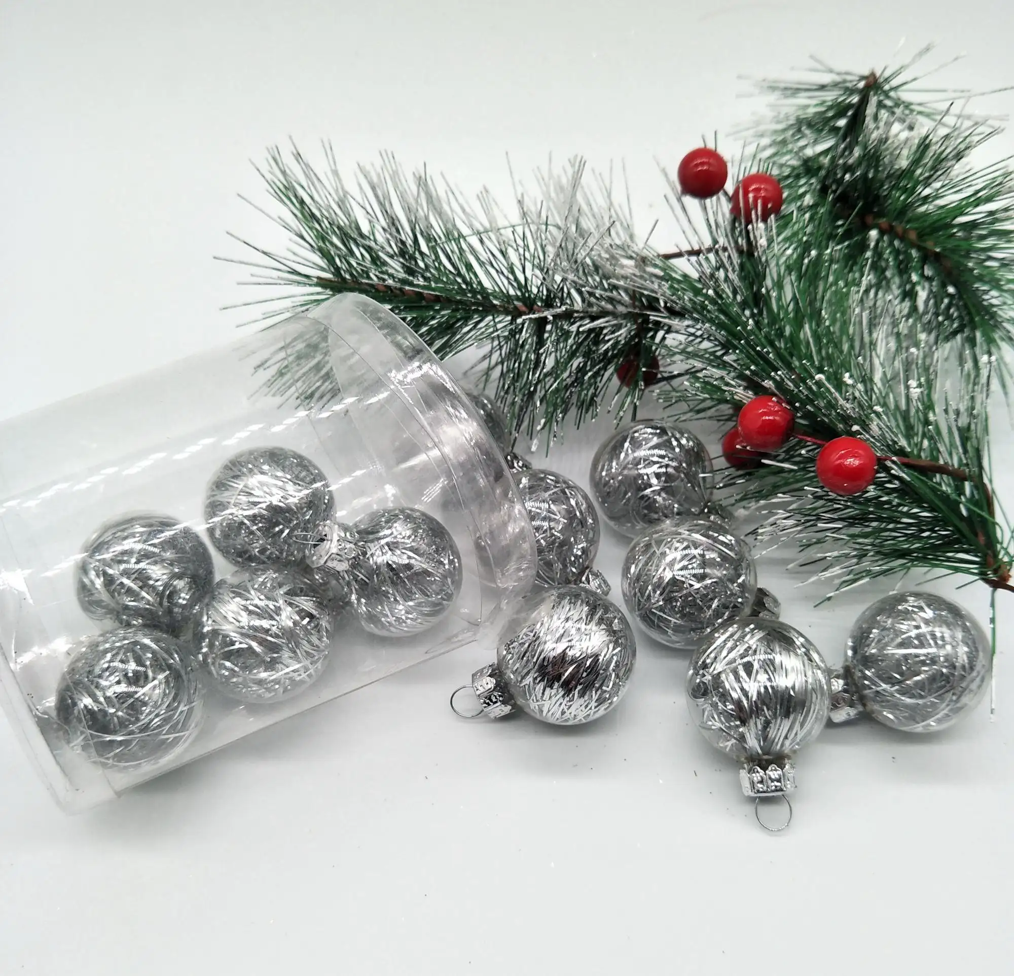 Christmas tree ornament 3 cm clear red gold hand painted design tube glass ball with gold and silver filaments inside