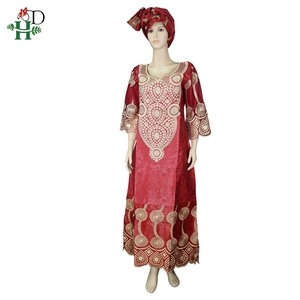 H & D Robe et Jupes Traditionnelles Africaines en <span class=keywords><strong>Bazin</strong></span> Riche Imprimé avec Dentelle et Foulard Assorti pour Soirée Femme - Product Image 3