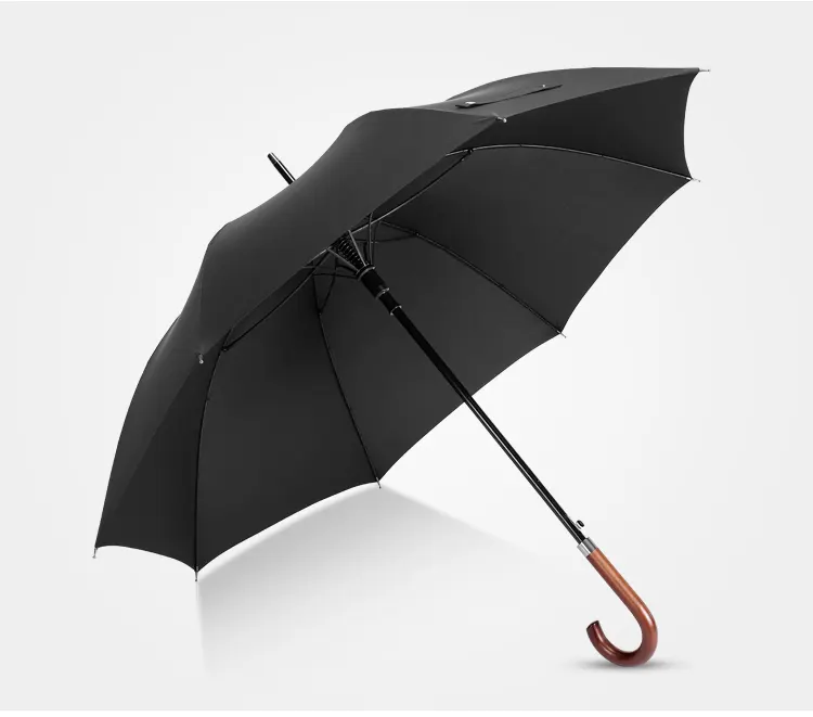 Parapluie avec crochet, à ouverture automatique, coupe-vent, classique, durable, bâton de marche, manche en bois