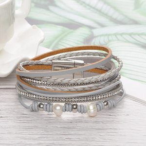 <span class=keywords><strong>Bracciale</strong></span> a più strati in vera pelle bohémien con <span class=keywords><strong>perle</strong></span> d'acqua dolce e chiusura magnetica per donna Quake - Product Image 3