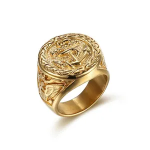 Custom design 316l stainless steel mens gold rings anchor shape marine memory anchor wedding ring gold