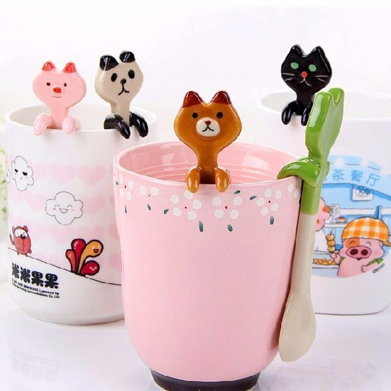 5 PCS Ceramic Cat Spoons - Mini Hanging Coffee & Tea Stirring Spoons, Cute Dessert Spoons