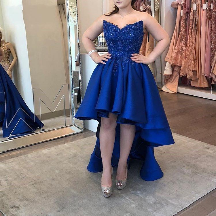 Royal Blue High Low Prom Dresses Elegant a Line Lace Satin Women Long Party  Dress Cocktail Graduation Evening Gowns