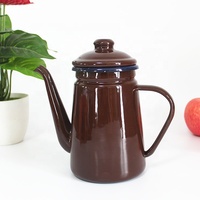 Bouilloire à thé de 1,1 L, cafetière en émail, pot vintage bleu avec des points blancs