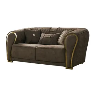 Furnitur Ruang Tamu Mewah Sofa Chesterfield Berumbai Kancing Beludru Royal Kain Warna Cokelat