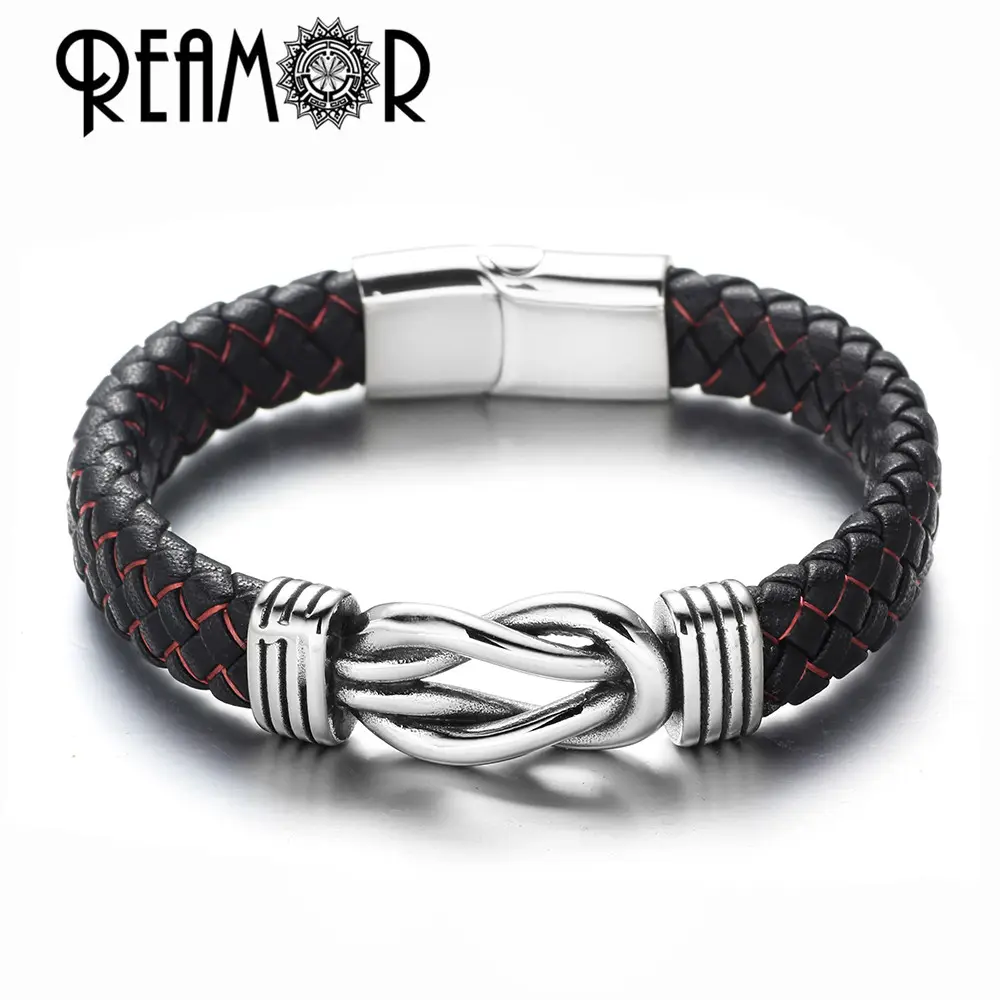 REAMOR Luxe Mannen Echt Lederen Zijde Gevlochten Armbanden Mannelijke Sieraden 316L Rvs Knoop Manchet Polsband Vrouwen Bangles