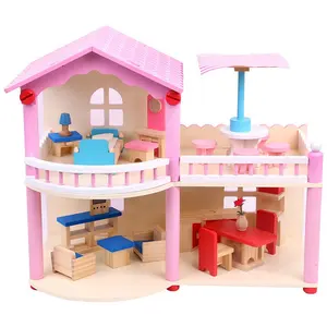 Crianças fingir, madeira boneca casa brinquedos com todos os móveis meninas casa boneca grande diy