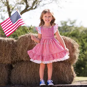 2022 Boutique maßge schneiderte kleine fliegende Ärmel Kinder Kleid rotes Gitter Mode Baby Mädchen Kleid Spitze Rüschen Saum Kinder kleid