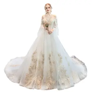 Wholesale boutique lace wedding bridal dresses floor length long sleeve tail wedding dress 2019