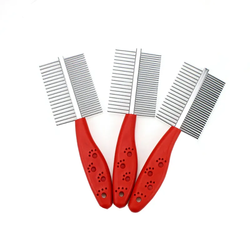double sided pet grooming comb with plastic handle and dog paw print