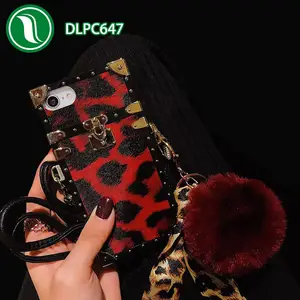 Hot sell acrylic TPU cell phone case for iPhone 6 8 X XS MAX case soft custom leopard cover plush ball square phone case