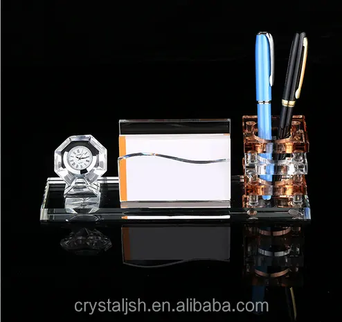 Crystal Office Stationary Decorations Clock And Name Card With Pen Holder For Business Gift