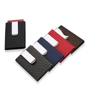 Minimalist Aluminum PU carbon fiber pattern RFID card holder with money clip for Men, Women