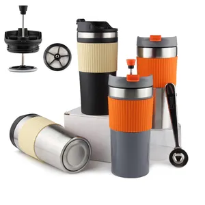 Travel Vacuum Insulated Coffee French Press Mug, Tumbler with Coffee Press Plunger. Hand Brew Coffee and Tea Maker Tumbler Cup