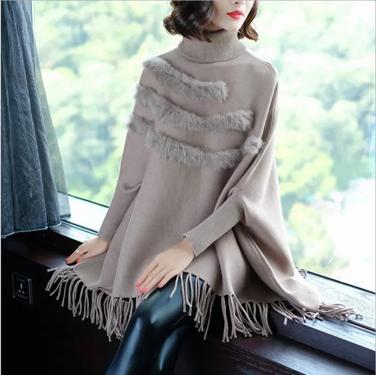 2018 new design roll neck high quality fur lady winter cape sweater tassel pullover
