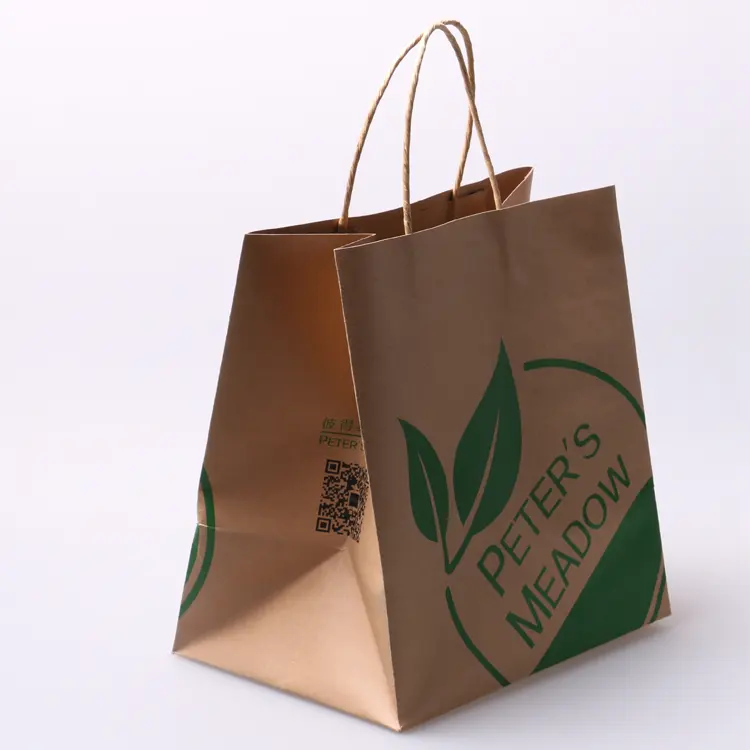 Оптовая продажа, индивидуальный коричневый Одноразовый бумажный пакет из крафт-бумаги для упаковки пищевых продуктов с ручкой
