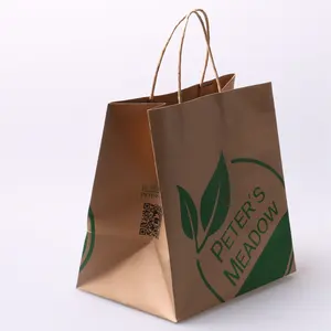 Bolsa de papel descartável para embalagem de alimentos, venda por atacado personalizada marrom com alça