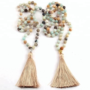 Moda mujer Lariat bohemio Tribal Beige borla Yoga joyería 8mm amazonita piedra <span class=keywords><strong>collar</strong></span> Rudraksha Buda collares - Product Image 1